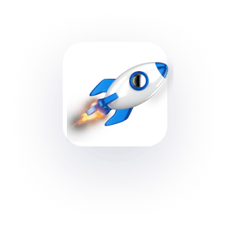 An image of a white and blue rocketship icon with a flame at its base, indicating motion. The icon is set against a dark, circular gradient background, making it an ideal CTA element for your website footer.