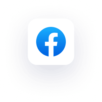 A white square icon with a blue circle featuring a lowercase letter "f," representing the Facebook logo, is centered on a dark background, serving as a compelling CTA in the main footer.