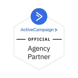 Hexagonal Badge With The Activecampaign Logo And Text: &Quot;Activecampaign Official Agency Partner.