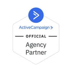 Blue logo of ActiveCampaign above the text "OFFICIAL Agency Partner" on a white background with a hexagonal border, perfect for your local digital marketing agency.