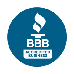 A blue circular logo with a torch and the text "BBB Accredited Business" below it, proudly presented by your local digital marketing agency.