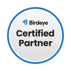 A round, white badge with a blue outline and the text "BirdEye Certified Partner" in black. Atop the text is a blue bird icon, symbolizing trust and reliability for your local digital marketing agency.