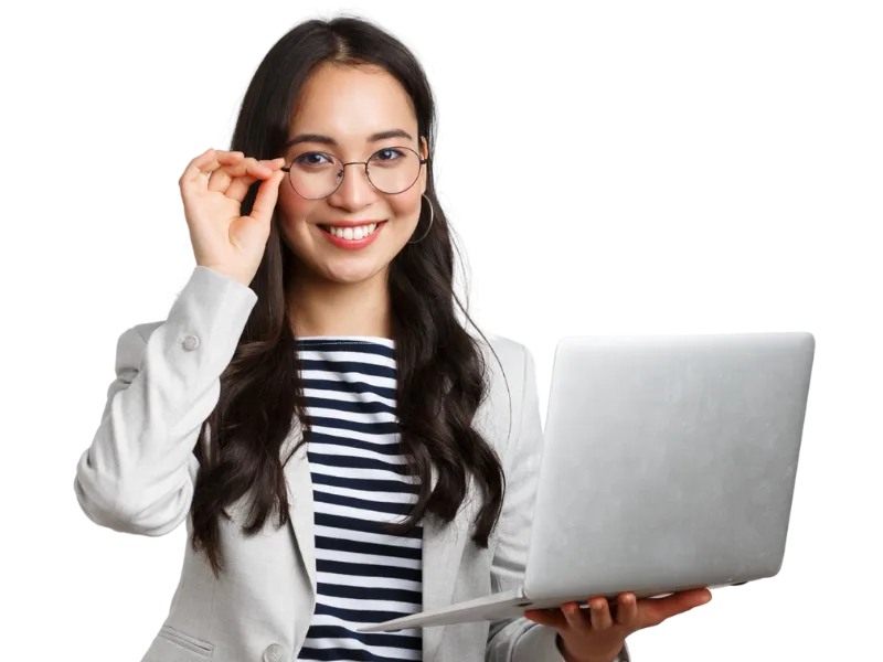 Young professional woman holding a laptop and adjusting her glasses, checking her Google Business Profile.