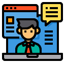 Illustration Of A Person In Front Of A Laptop With Speech Bubbles And Web Elements In The Background, Representing Communication Or Online Interaction For A Review Management Agency.