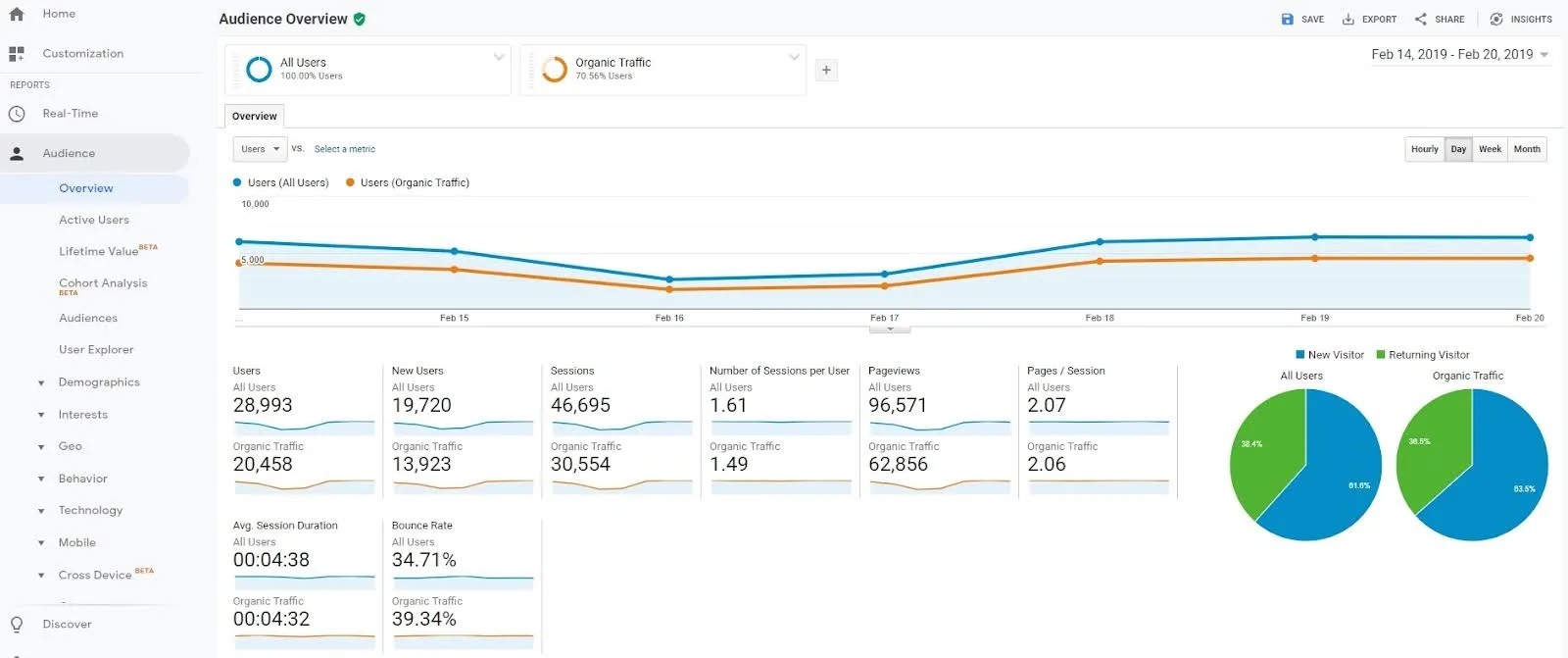Google Analytics Dashboard Showing Audience Overview From Feb 14-20, 2019, With User Metrics, Line Graphs Of Users And Organic Traffic, And Pie Charts Of User Distribution—Ideal For A Detailed Local Seo Report.