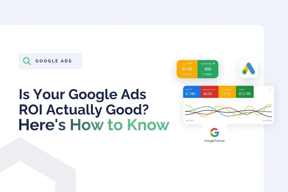 A graphic displaying "Is Your Google Ads ROI Actually Good? Here's How to Know" with Google Ads ROI visuals, key metrics, and a Google Partner badge.