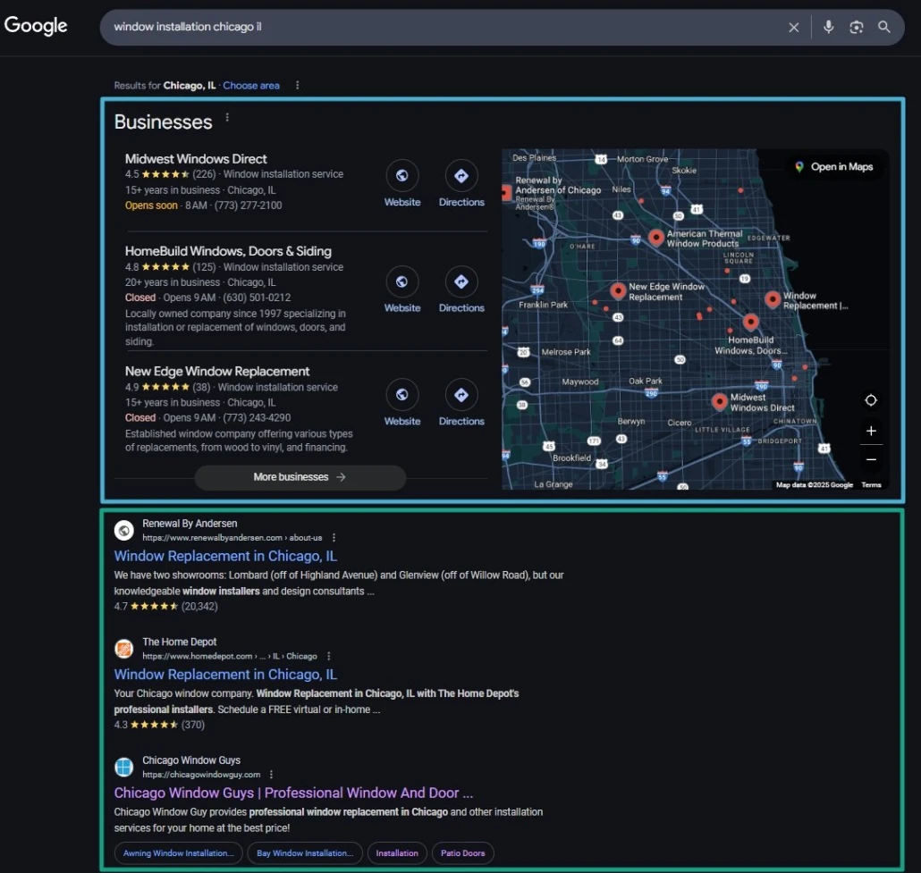 Google Search Results Page For &Quot;Window Installation Chicago Il,&Quot; Featuring The Google Local Pack With Business Listings On The Left, A Map With Markers On The Right, And Additional Website Search Results Below.