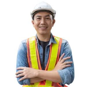 Professional Portrait Of A Smiling Roof Worker Wearing A Uniform And Safety Gear, Conveying Competence And Good Customer Service.