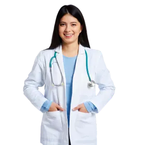 Smiling Female Doctor In A White Lab Coat And Stethoscope, Hands In Her Pockets, Representing The Medical Professionals Who Benefit From Effective Digital Marketing For Doctors.