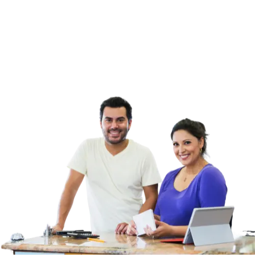 A Man And A Woman Standing At Business Counter.