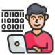 A Digital Illustration Of A Person Using A Laptop For Wordpress Development, With Binary Code In The Background.
