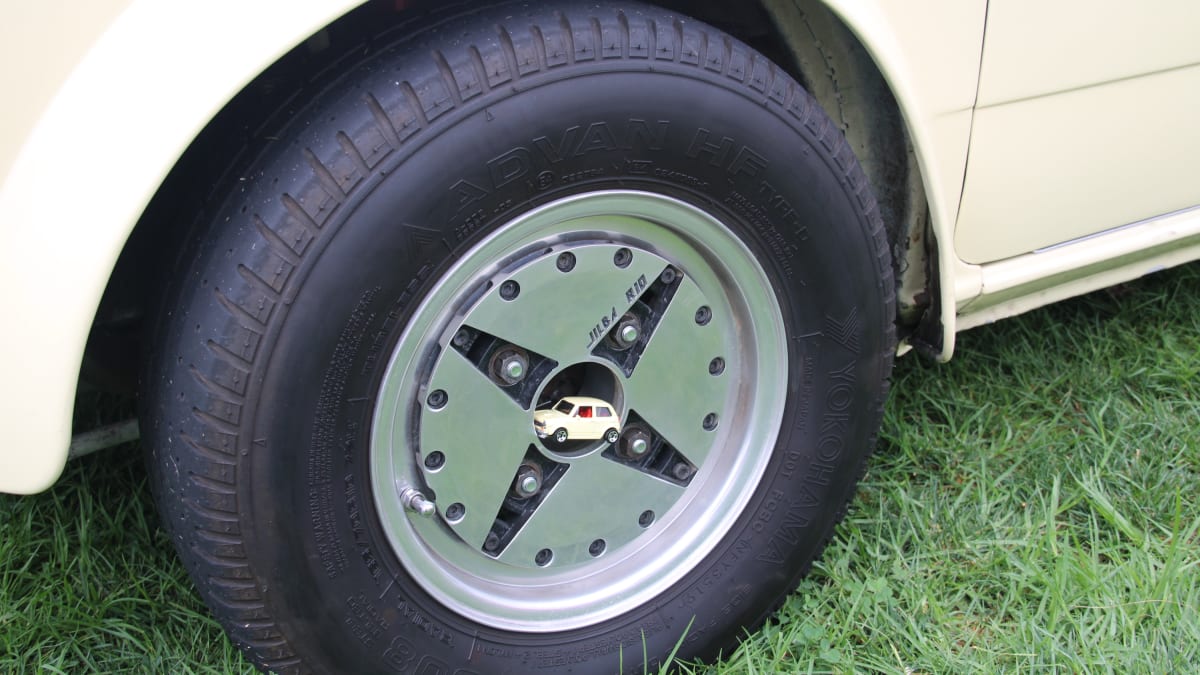 closeup image of a wheel on display at the 11th Annual Japanese Classic Car Show