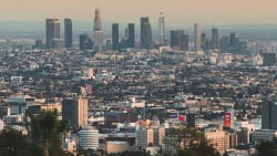 View of the Los Angeles skyline from the Hollywood Bowl Lookout.