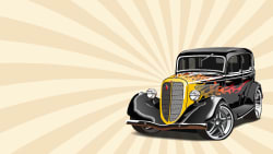 A drawing of a classic car with orange and yellow background.