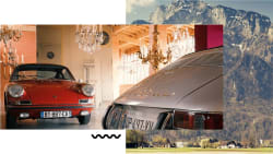 image of a page out of Porsche Home featuring a red Porsche 912 and an image of mountains.