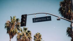 a street sign hanging from the red light post with the text "California Av" on it. Palmtrees in the background, typical California.