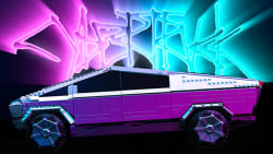 The poster image from Mattel Creations featuring the buildable scale model of the Tesla Cybertruck with a neon background.