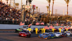 NASCAR racers lines up at Irwindale Speedway