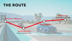 The route for the drive up to Pebble Beach with The Petersen Automotive Museum