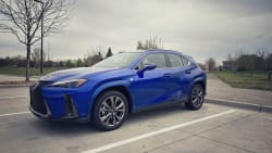 exterior of a blue Lexus UX parked by a park