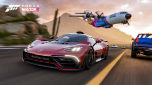 action image from Forza Horizons game, with a Mercedes AMG coming at us in the foreground and an airplane passing by very low over the cars behind the AMG.