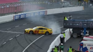 The inner of the NASCAR Busch race at the LA Coliseum doing doughnuts on the track.
