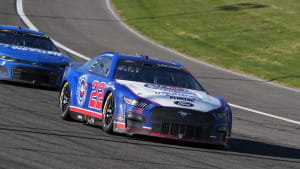 NASCAR number 22 on the track in Fontana