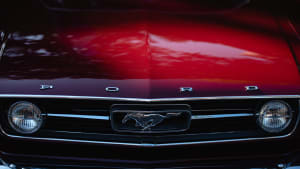 a closeup image of the front of a red Ford, with the Ford logo bright and center.