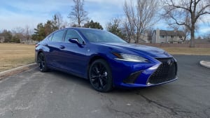 image of the 2023 Lexus ES350 F Sport showing both the front and side of the vehicle
