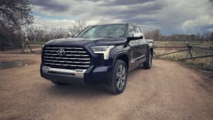 exterior of the 2023 Toyota Tundra I-FORCE MAX Capstone as seen from the front and left side