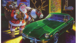 a green Datsun with Santa beside it.