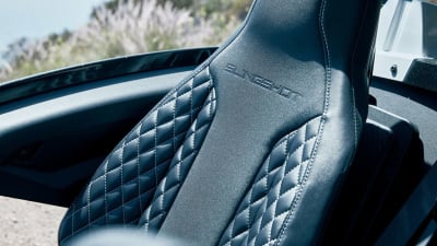 interior shot of the Polaris Slingshot, with stitched leather seats