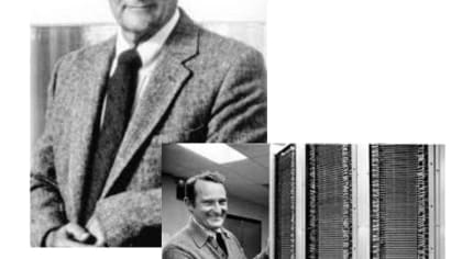 black and white image of supercomputers and men in suits.