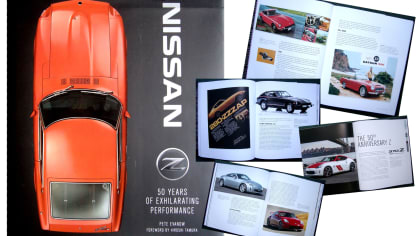 the front cover of the book "Nissan Z - 50 Years of Exhilarating Performance" with a top-down image of an orange Datsun Z on a black background.