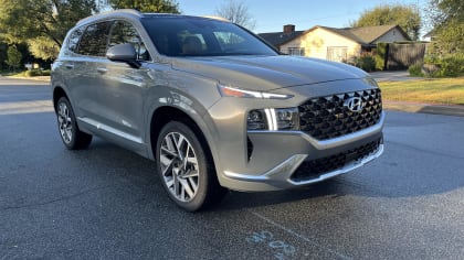 exterior image of a gray 2023 Hyundai Santa Fe parked on the street in Southern California