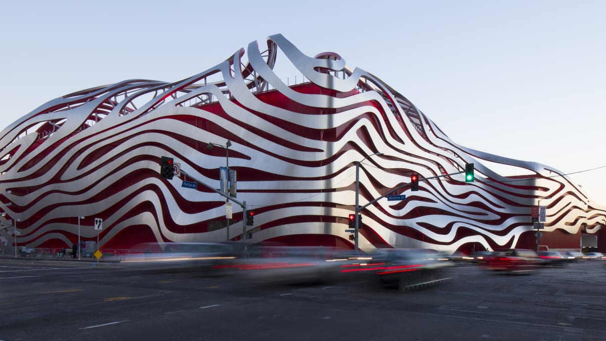 The impressive and expressive facade of the Petersen Automotive Museum in Los Angeles