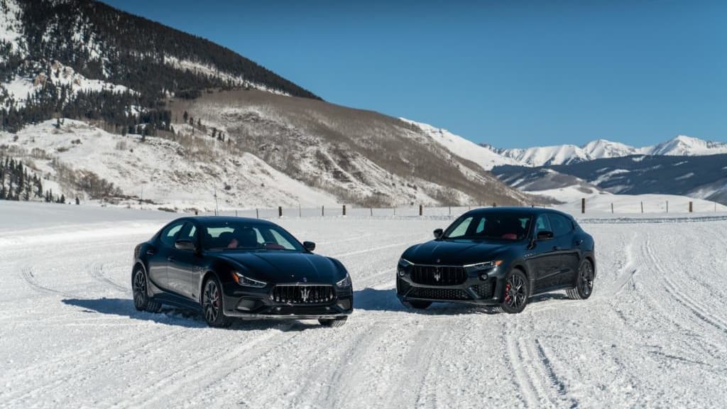Maserati Ribelle Ghibli and Levante lined up on a snow course