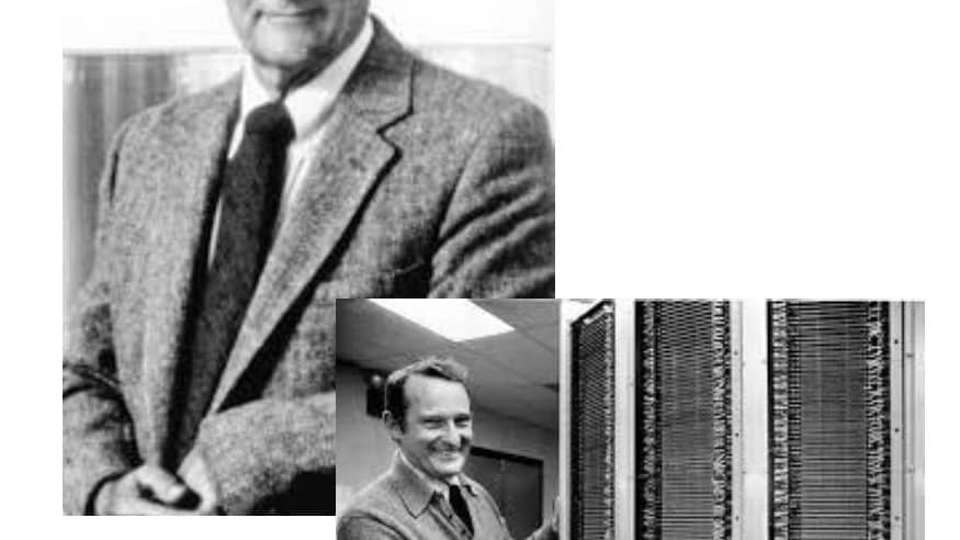 black and white image of supercomputers and men in suits.
