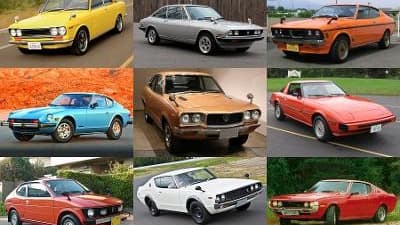 a three by three of nine images with Datsun Zs through the years.