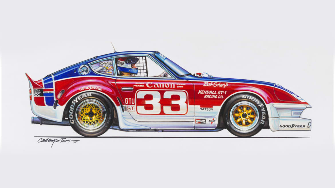 artist rendering of a 1975 Datsun 260Z with bright blue, red, and white colors and yellow wheels.