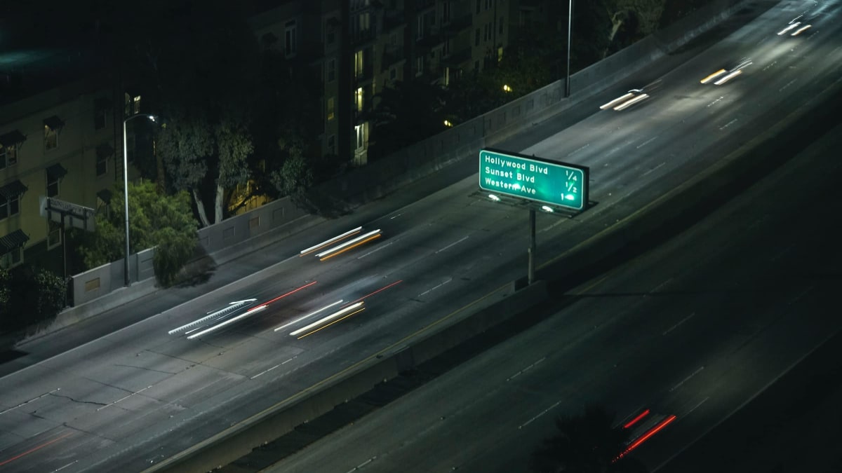 blurry cars on a Los Angeles freeway