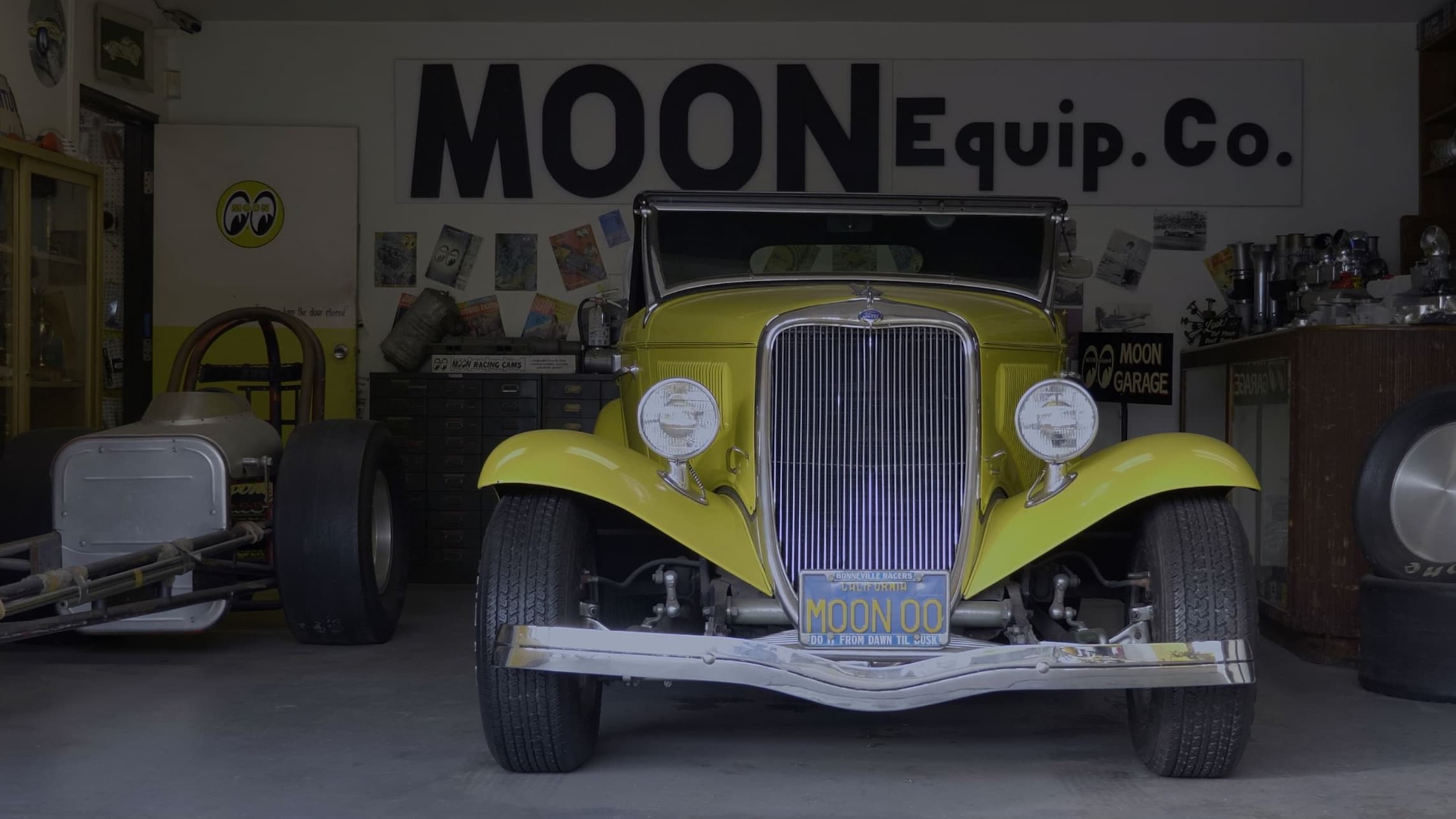Yellow Dean Moon Roadster standing in garage