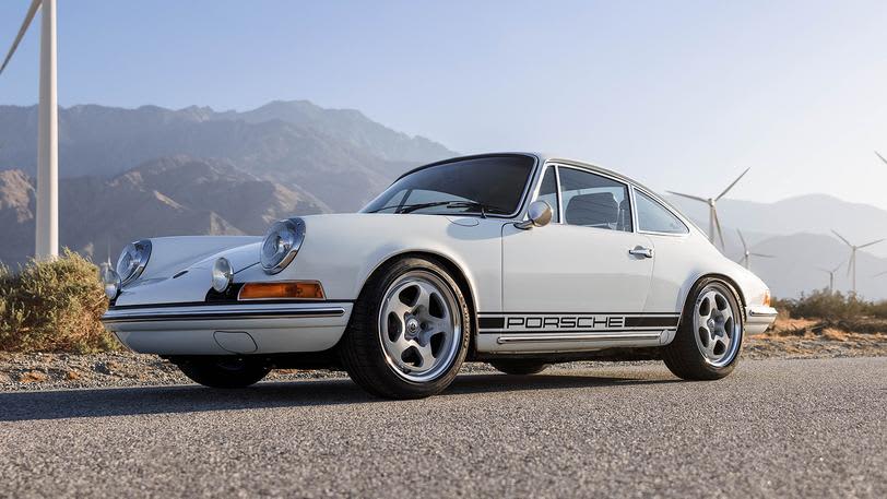The white electric Porsche 912 up for grabs through the Petersen and Omaze sweepstakes.