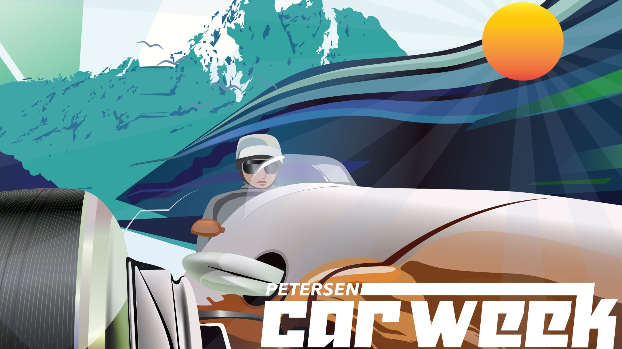 the poster/flyer for the original event is an artist rendering of a race car with mountains and the sun in the background.