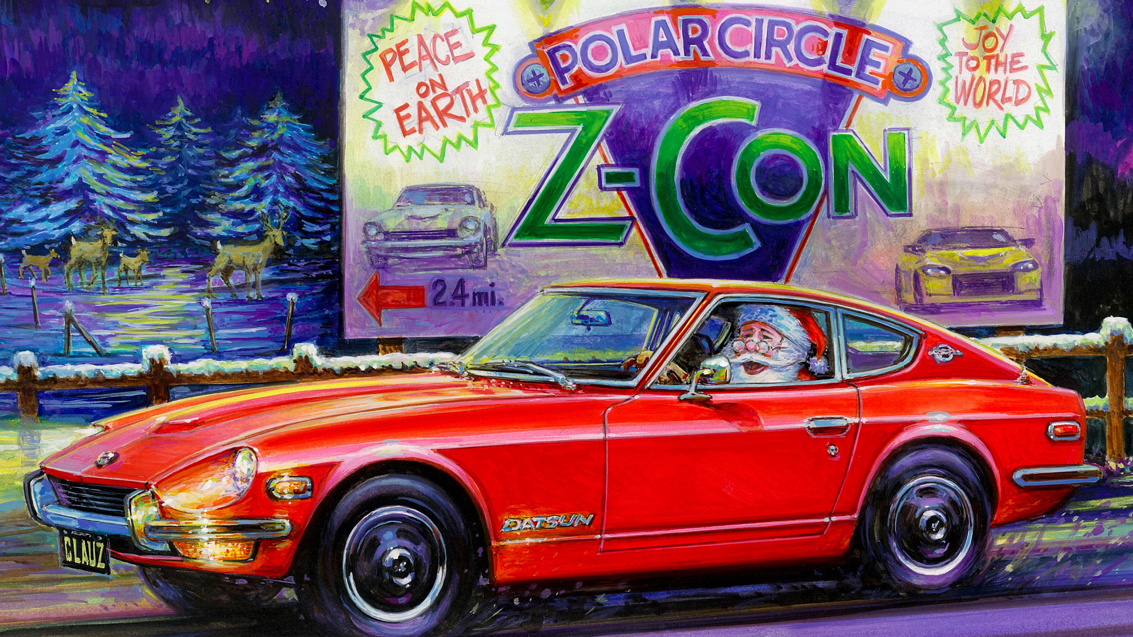 artist rendering of a Datsun with Santa in it, driving towards the fictional Polar Circle Z-Con