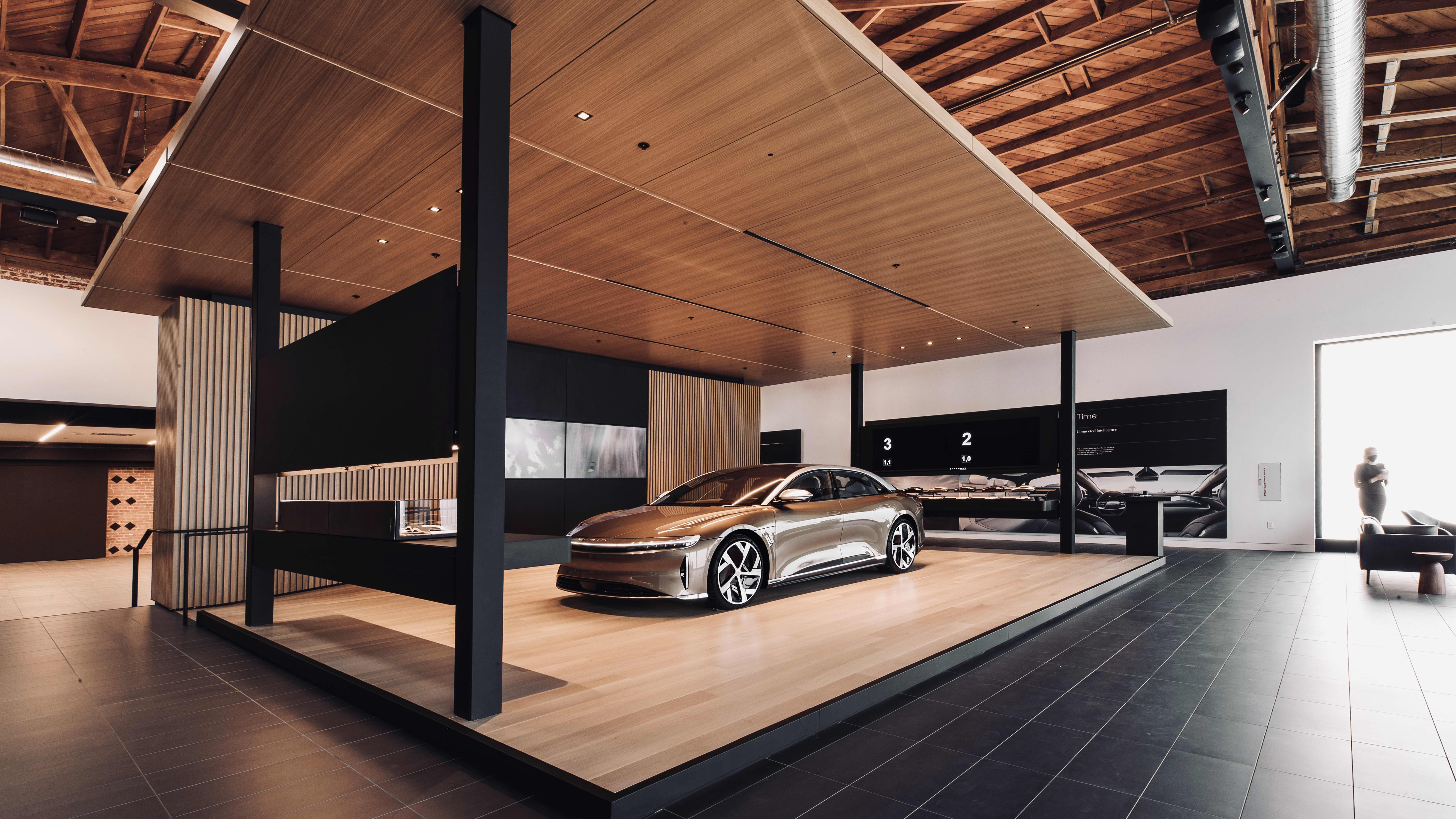 a Lucid Air on display at the Lucid Showroom on Wilshire Blvd in Beverly Hills, California