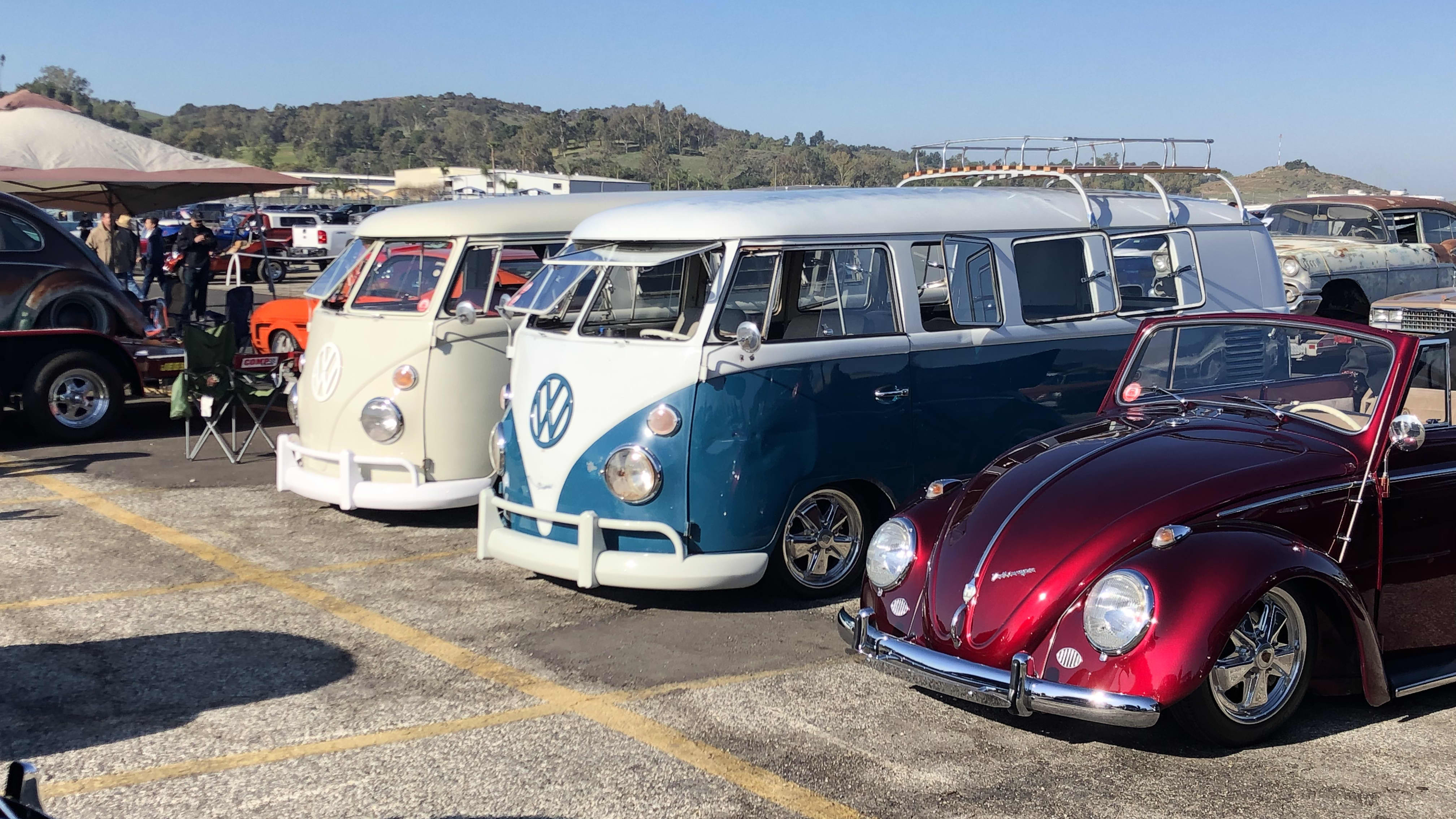 three classic Volkswagens, a beetle and two buses.