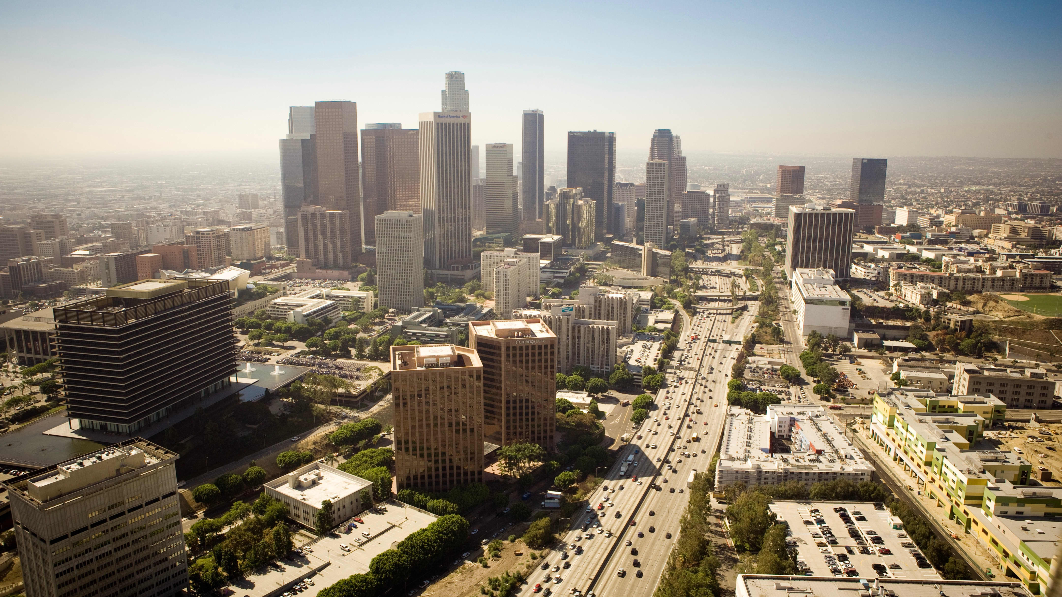 the Los Angeles skyline and freeways