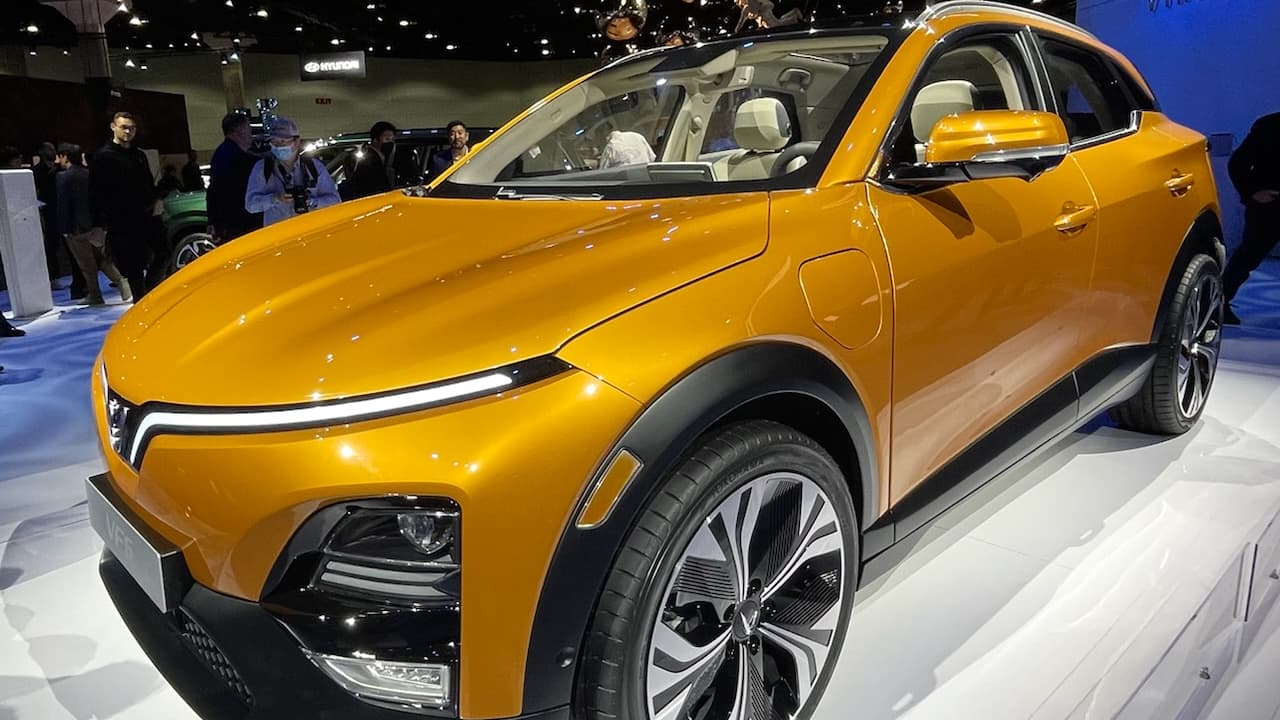 the new VinFast VF6 on display at the 2022 Los Angeles Auto Show
