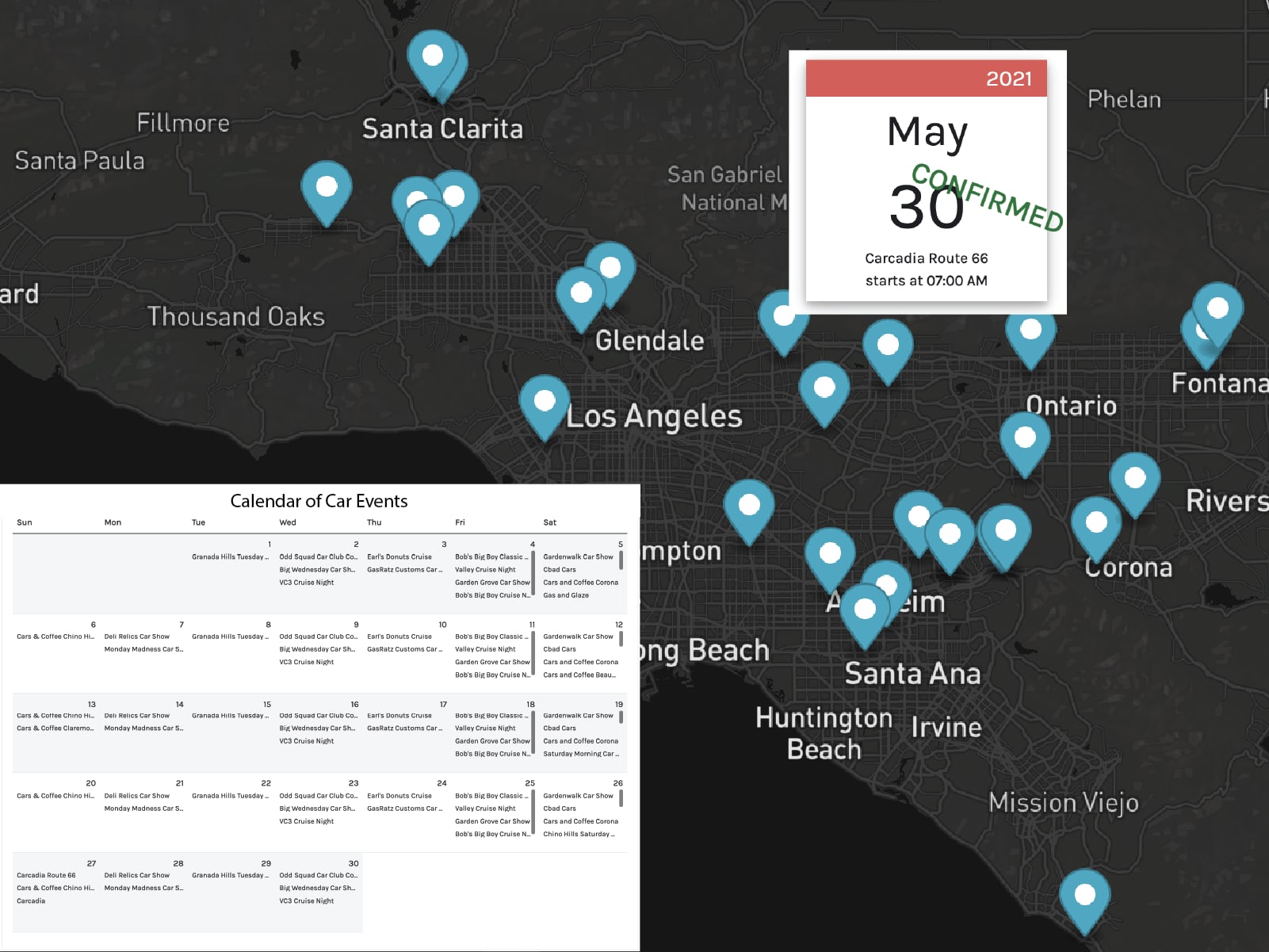map of Los Angeles with an overlayed calendar and a car event date